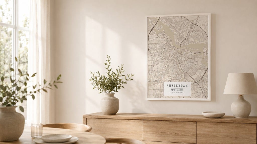 Amsterdam custom map print on a sunlit wall above a wooden cabinet