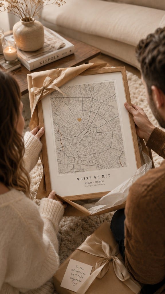 Couple unwrapping a framed Where We Met map print gift