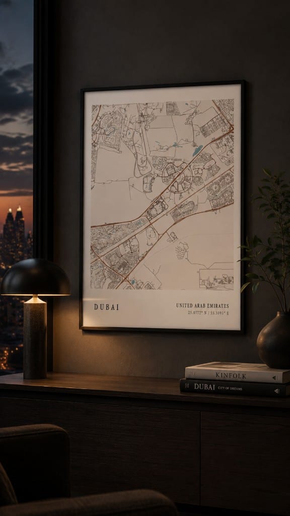 Dubai custom map print in a dark premium interior