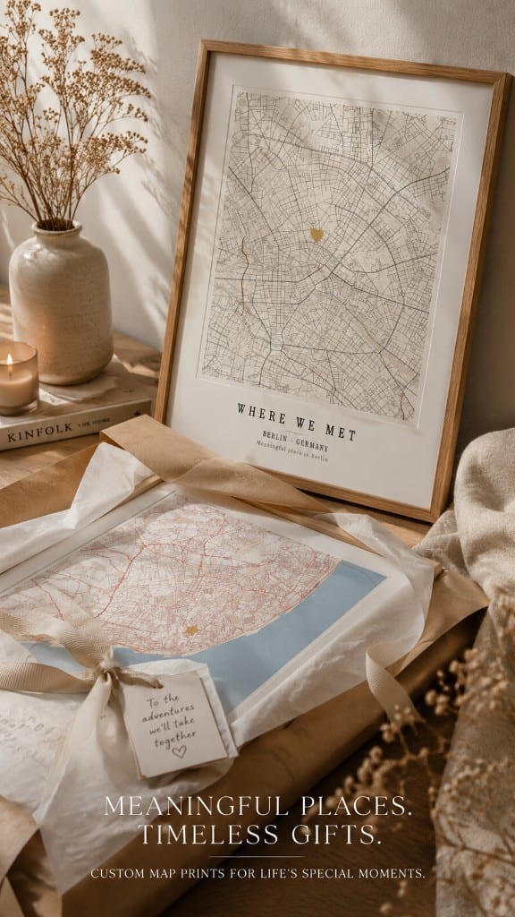 Wrapped personalized map print gift with a framed Where We Met poster