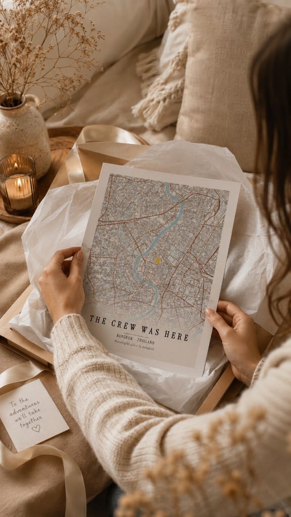 Person unwrapping a custom map print gift in a warm home setting