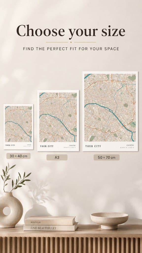 Three framed map print sizes compared side by side