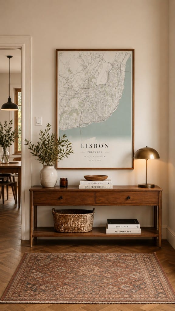 Custom map print above a console table in a warm entryway