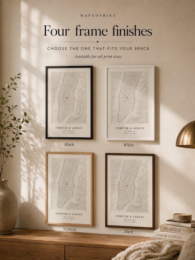 Four frame finish options for custom map prints