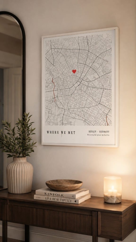 Where We Met personalized map print hanging above a warm console table